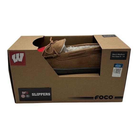 FOCO Wisconsin Badgers Moccasin Slippers Mens Medium 9-10‎ Slip On House Shoes - Picture 1 of 3